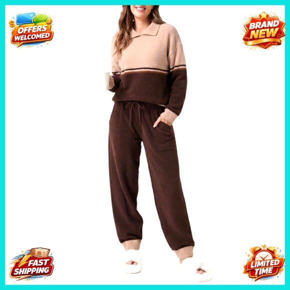 Fleece Lounge Set Cozy Oversized Hooded Sleepwear Soft Comfy Long Sleeve Pajamas